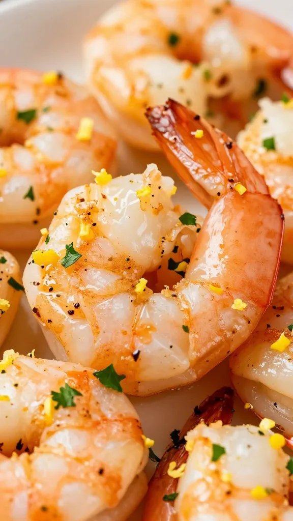 macro shot of seared shrimp topped with lemon zest and parsley