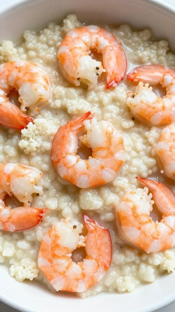 closeup bowl of keto shrimp over cauliflower grits
