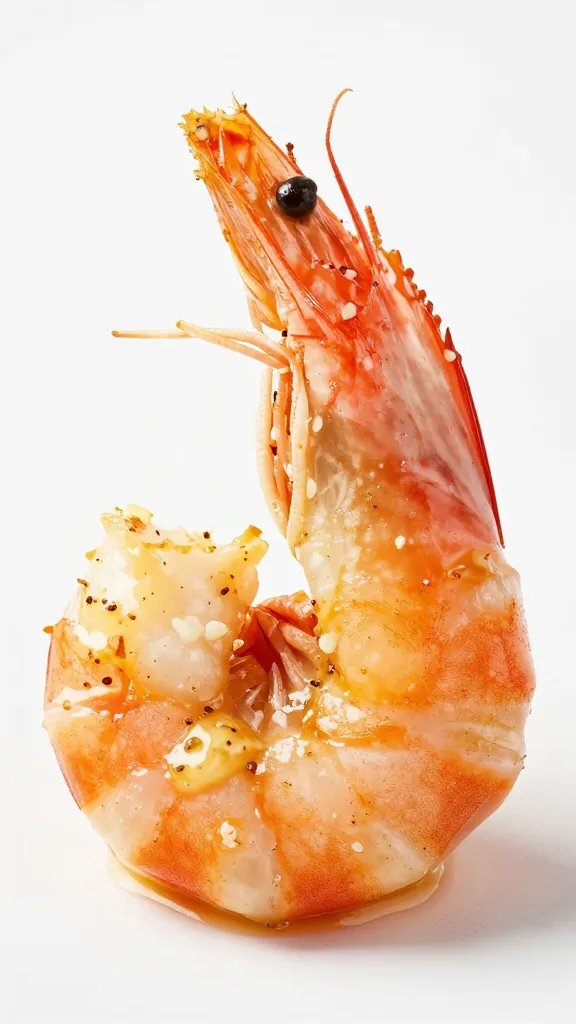 single seared shrimp with garlic butter glaze, macro shot