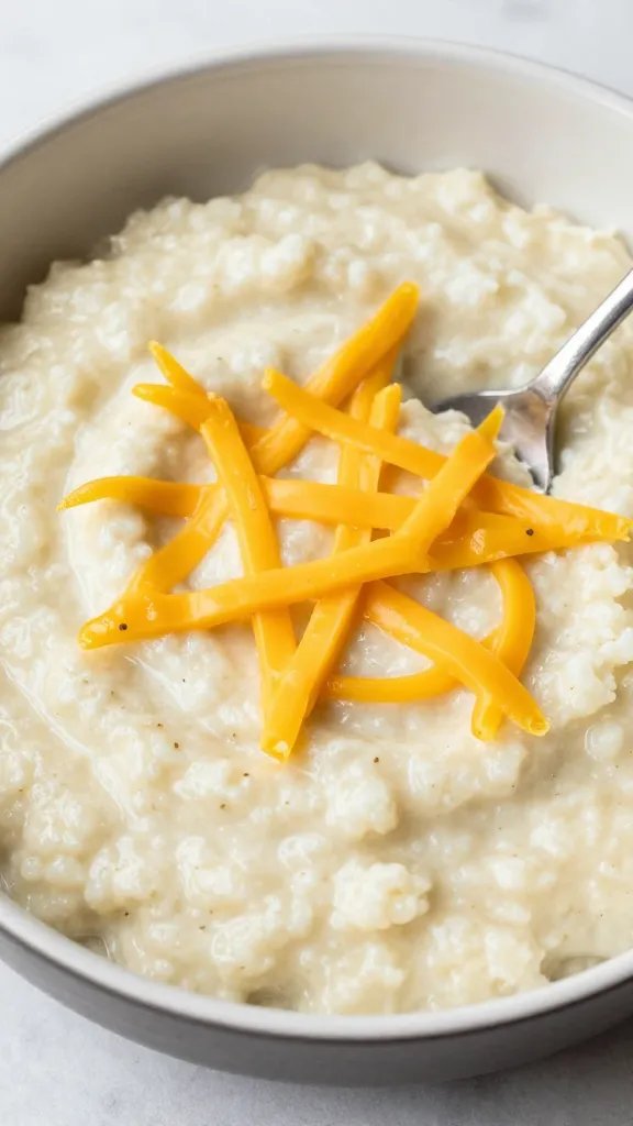 spoonful of creamy cauliflower grits with melted cheddar