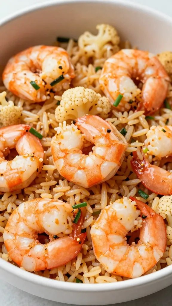 closeup bowl of chili-lime shrimp over cauliflower rice
