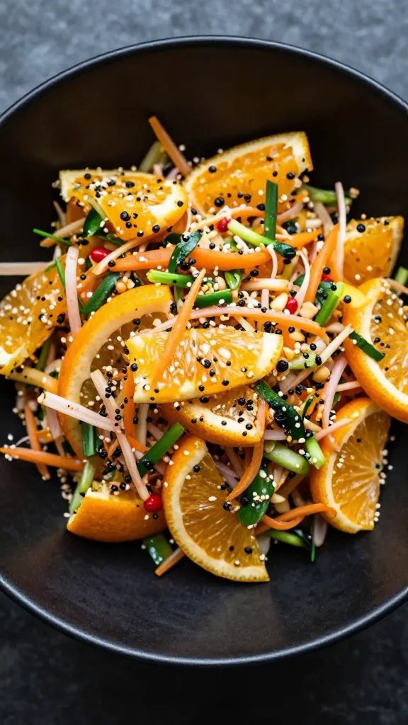 overhead shot of citrus slaw in matte black bowl