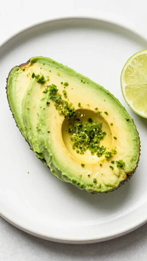 sliced avocado fan with lime zest on ceramic plate
