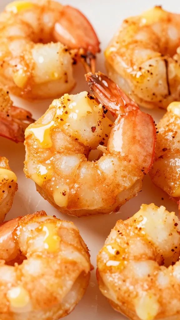 closeup of crispy seared shrimp with lemon butter glaze