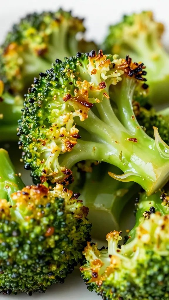 roasted broccoli floret with caramelized edges, macro shot