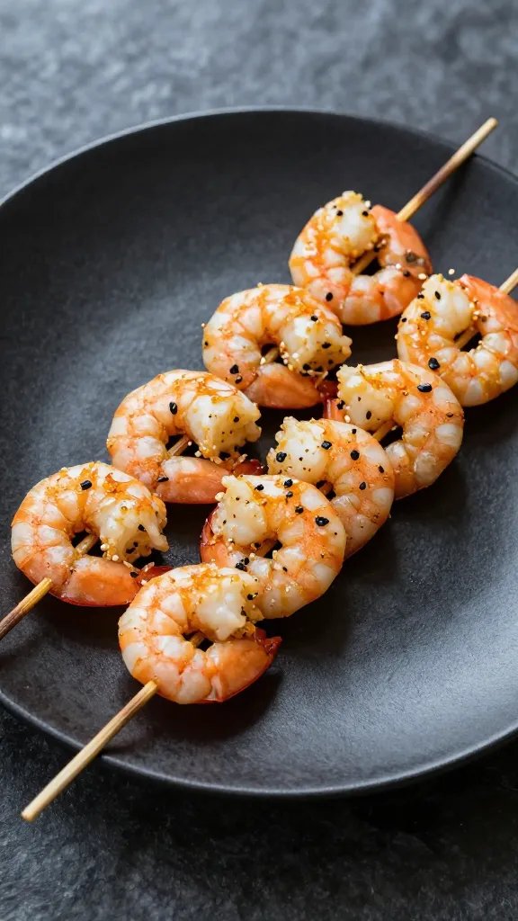 garlic butter shrimp skewer on matte black plate