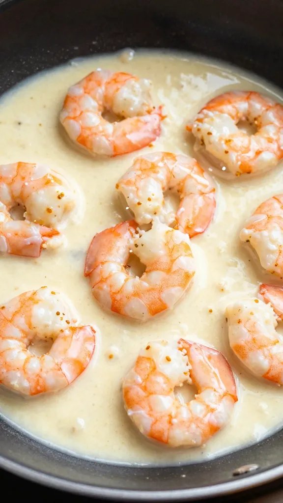 closeup skillet of keto shrimp in creamy garlic sauce