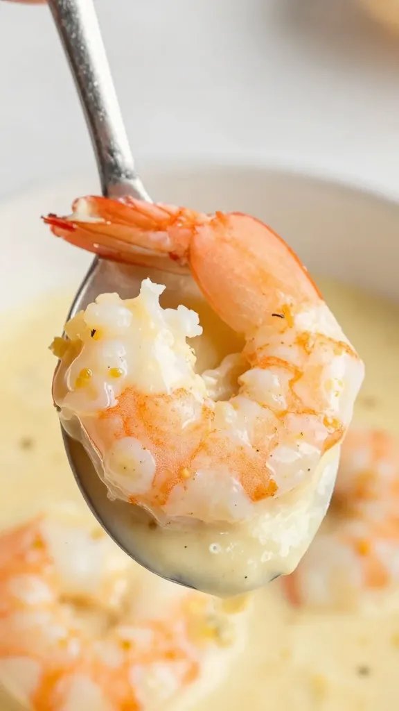 spoonful of buttery creamy garlic sauce over one shrimp
