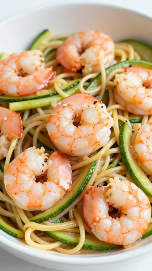 closeup bowl of keto shrimp and zucchini noodles stir-fry