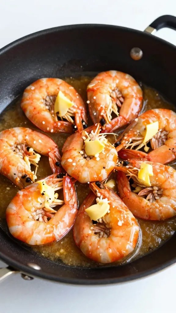butter-garlic shrimp in black skillet, glossy keto sauce