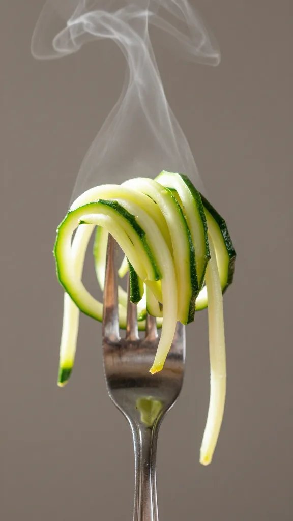 spiralized zucchini noodles twirled on fork, light steam