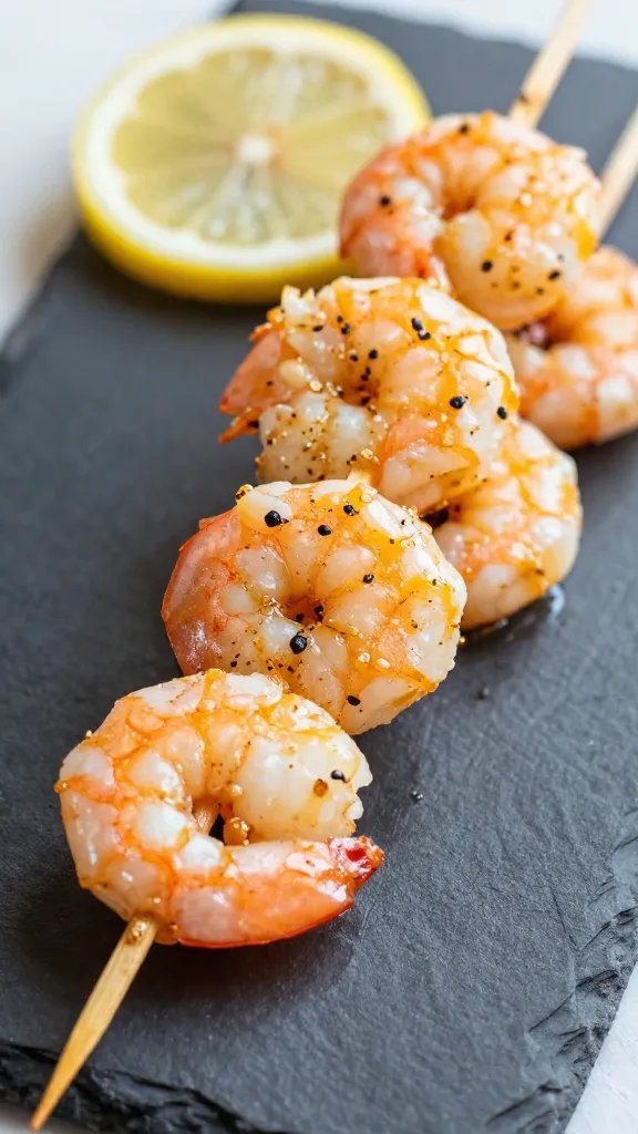 closeup lemon-garlic shrimp skewer on slate plate