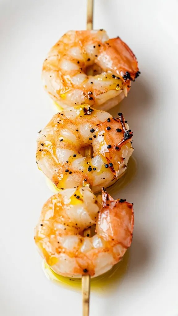 single grilled shrimp skewer brushed with olive oil