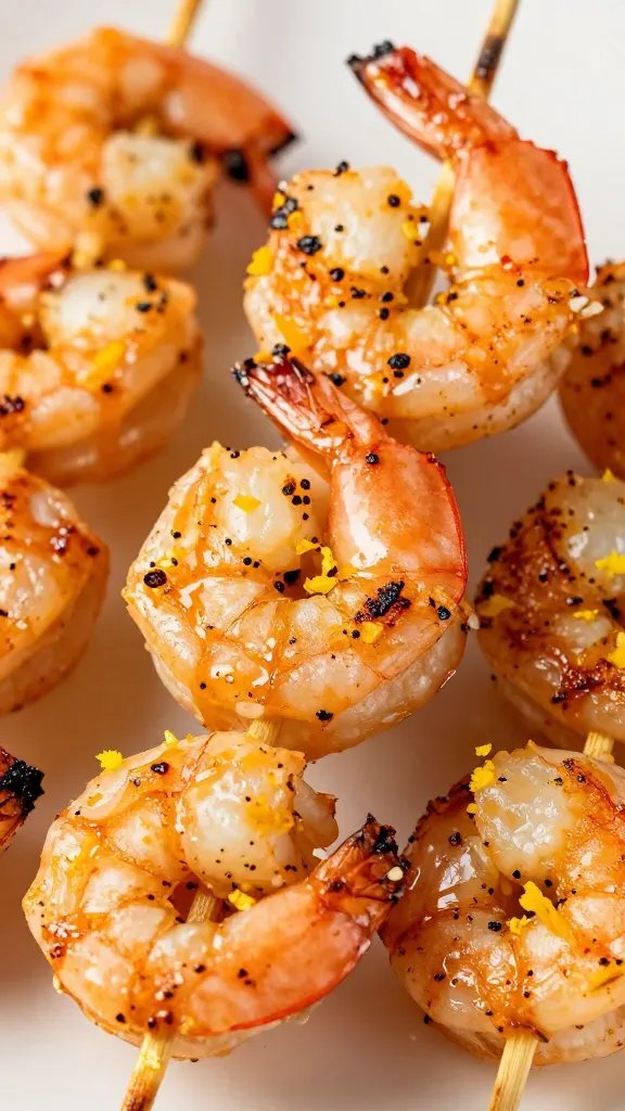 macro of charred keto shrimp skewer with lemon zest