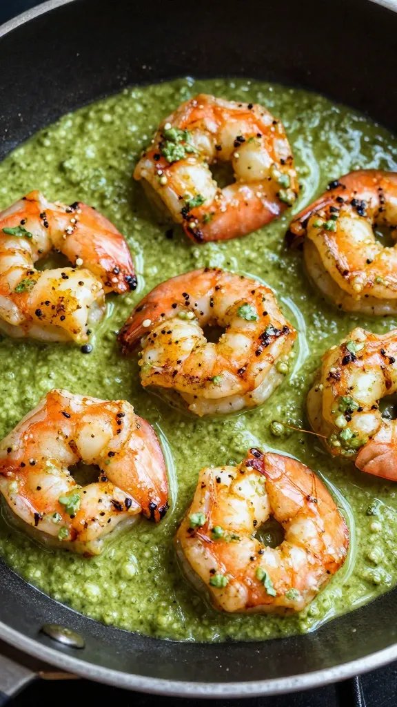 Closeup skillet of seared shrimp in creamy pesto sauce