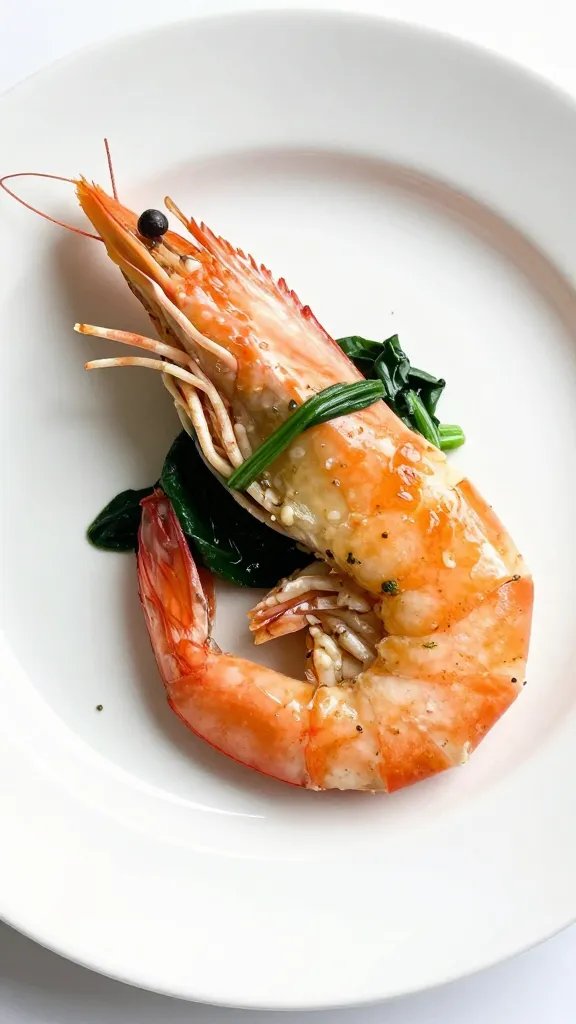 Single white plate of keto garlic butter shrimp with spinach