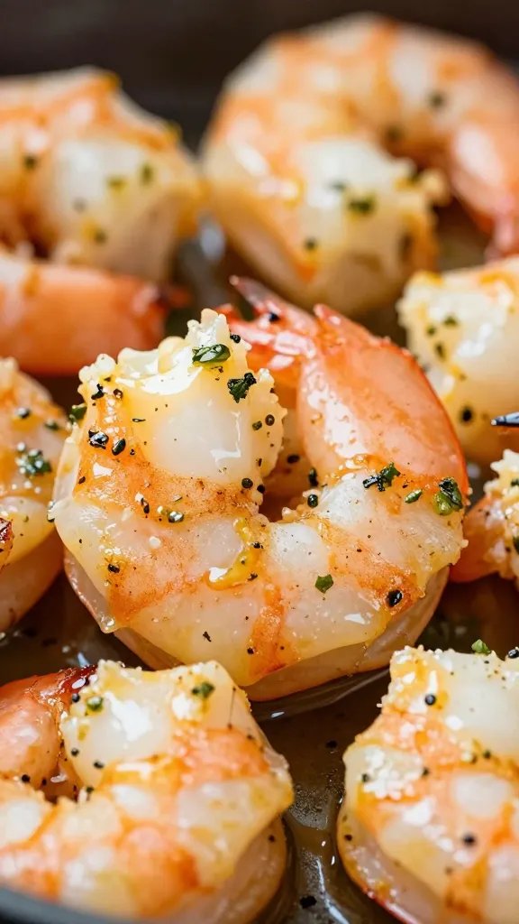 Macro shot of seared shrimp in melted garlic herb butter