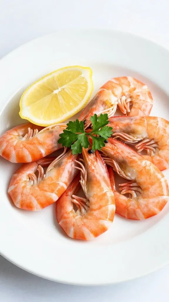 shrimp with lemon wedge and parsley on white ceramic plate