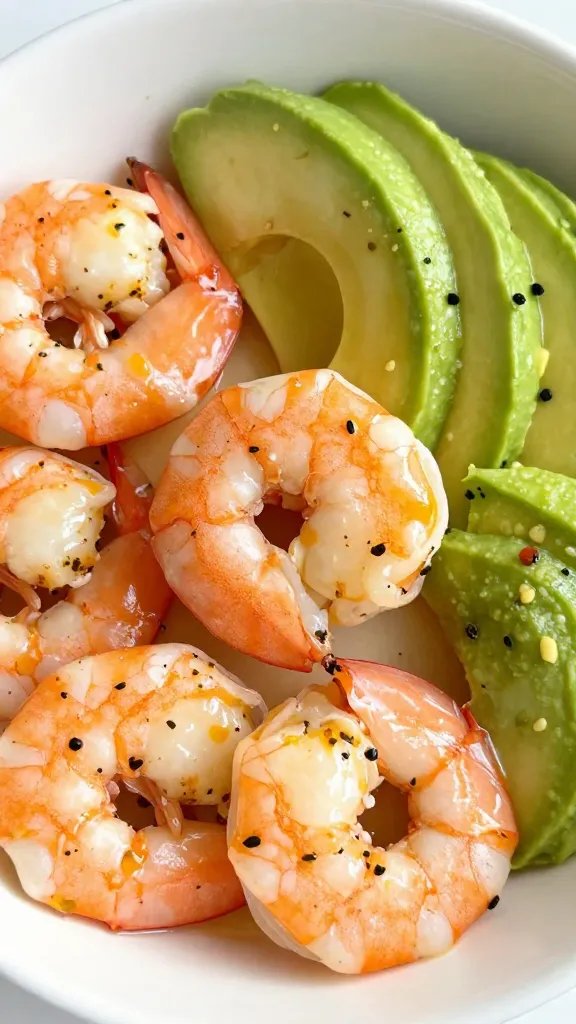 closeup bowl of keto spicy shrimp with avocado slices