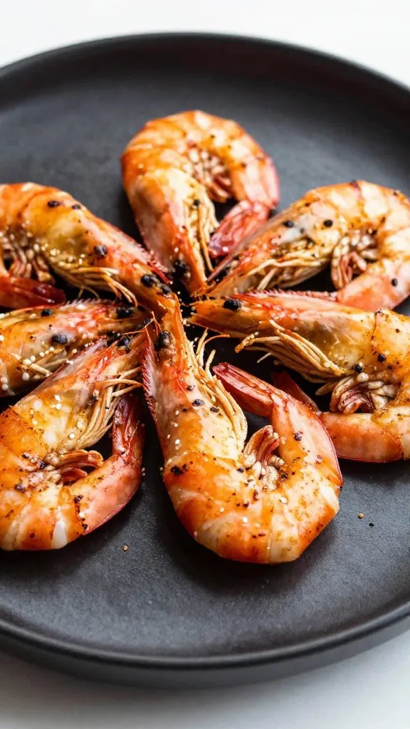 seared chili-lime shrimp on matte black plate, macro