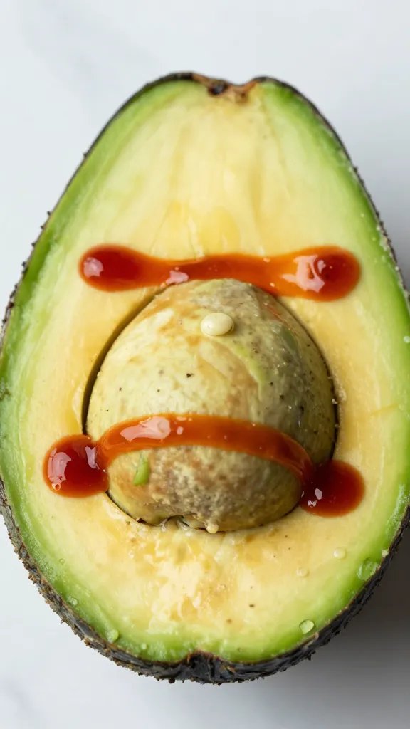 creamy avocado half with chili-lime drizzle, macro shot