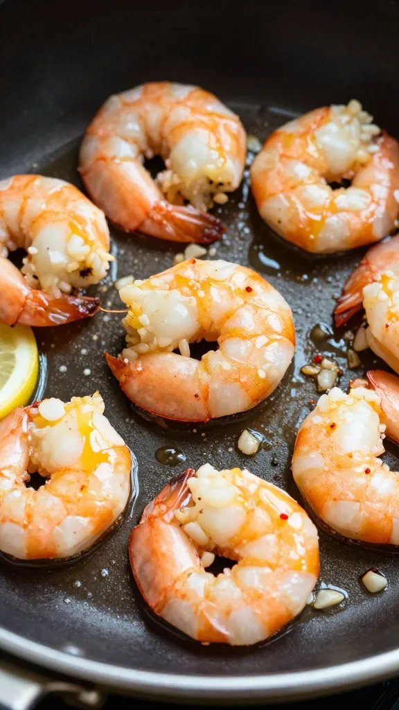 closeup skillet of garlic butter shrimp with lemon glaze