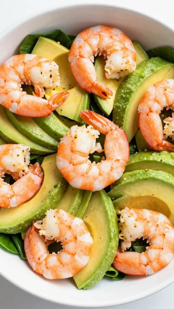 closeup bowl of keto shrimp and avocado salad, overhead
