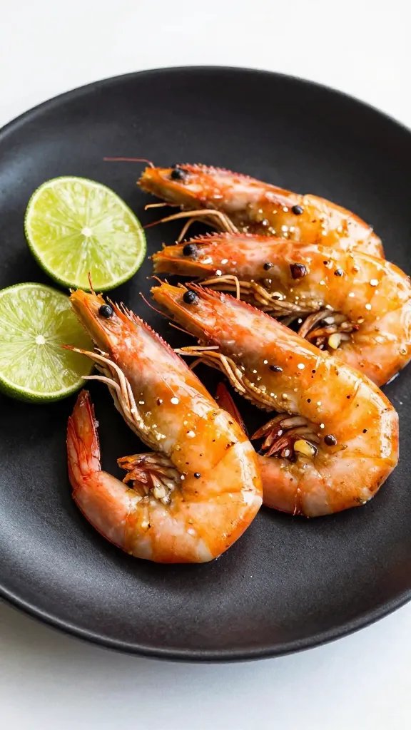 seared shrimp with lime-garlic glaze on matte black plate