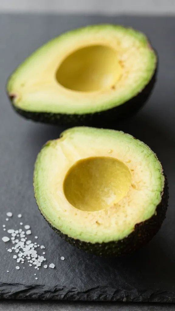 halved ripe avocado with flaky salt on slate board