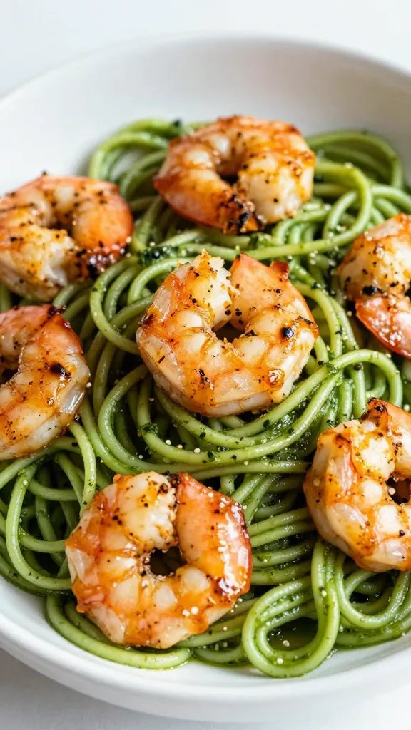 closeup bowl of pesto zoodles with seared shrimp