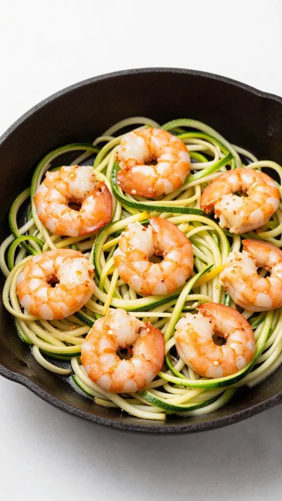 single cast-iron skillet of shrimp over zucchini noodles