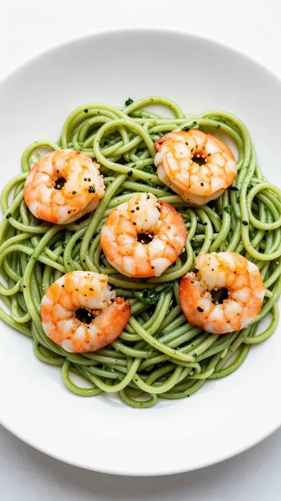 overhead white plate of keto shrimp pesto zoodles