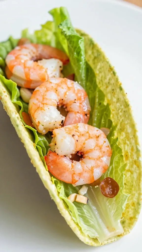 closeup keto shrimp taco in romaine lettuce wrap