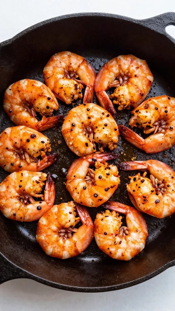 crispy chili-lime shrimp in cast-iron skillet, overhead