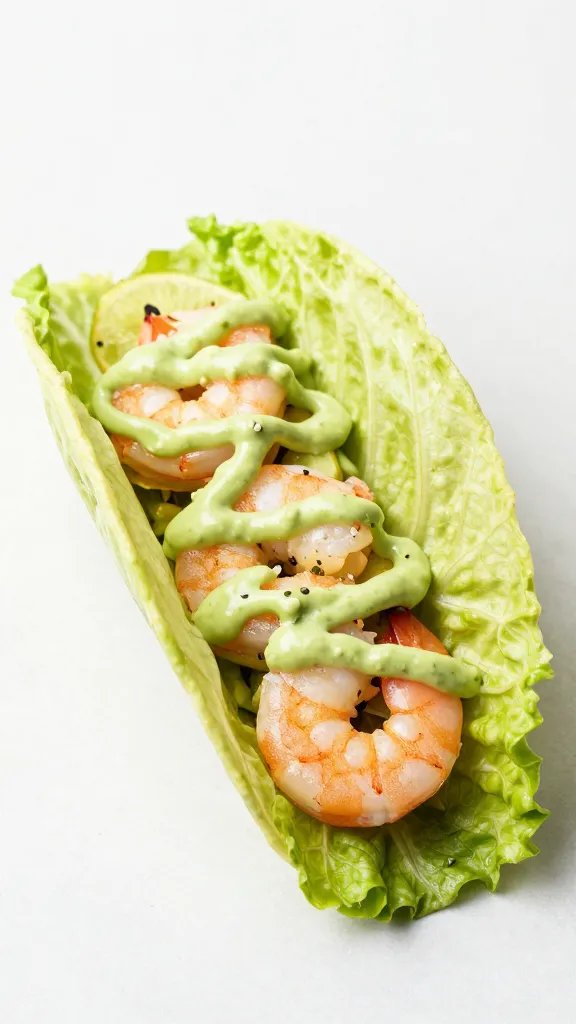 avocado-lime crema drizzle on single lettuce-wrapped shrimp taco