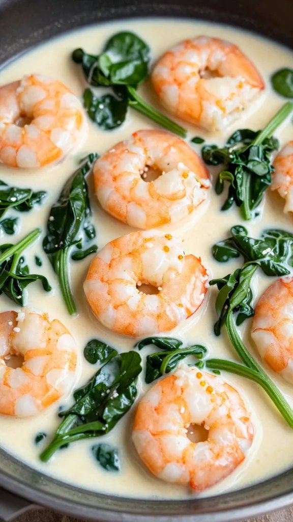 closeup skillet of creamy keto shrimp and wilted spinach