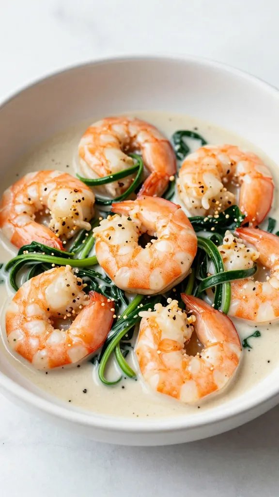 single bowl of garlicky creamy shrimp with spinach ribbons