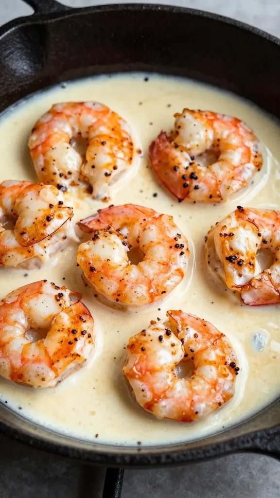 seared shrimp in cream sauce, tight shot in cast-iron skillet