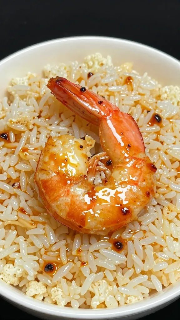 single seared shrimp on cauliflower rice, chili oil gloss