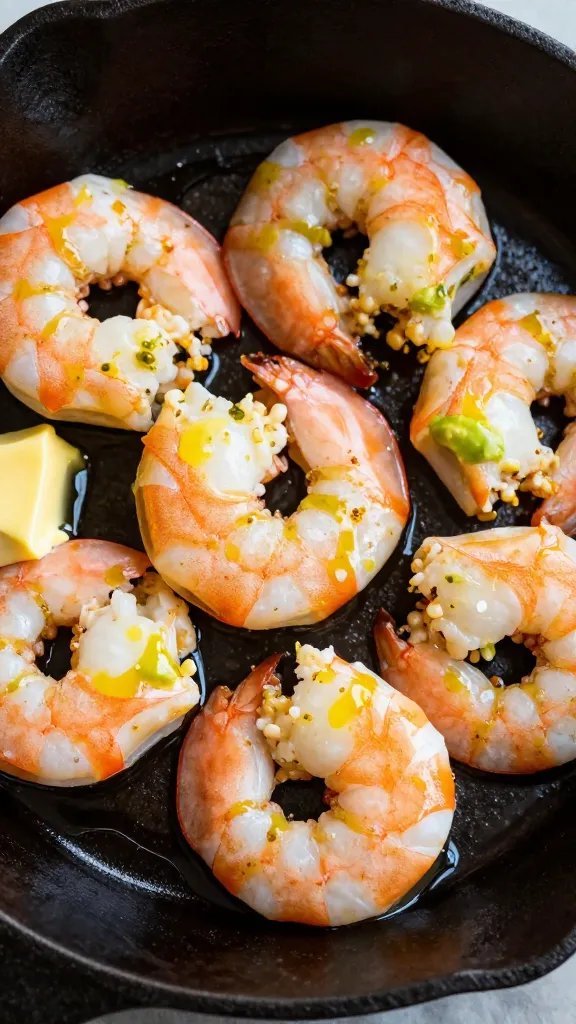 cast-iron skillet shrimp, butter-avocado oil sheen, macro shot