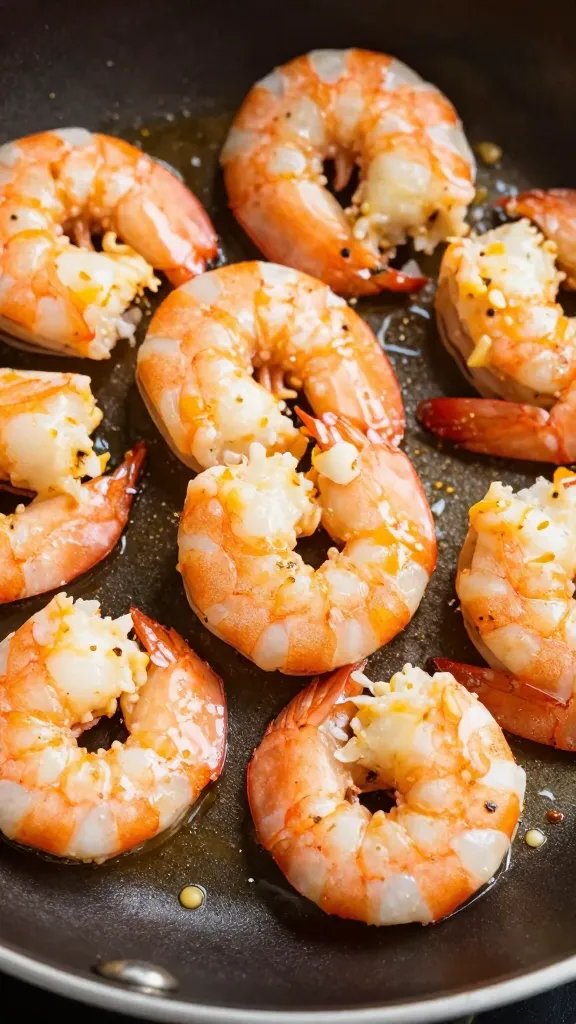 closeup skillet of keto shrimp scampi in garlic butter