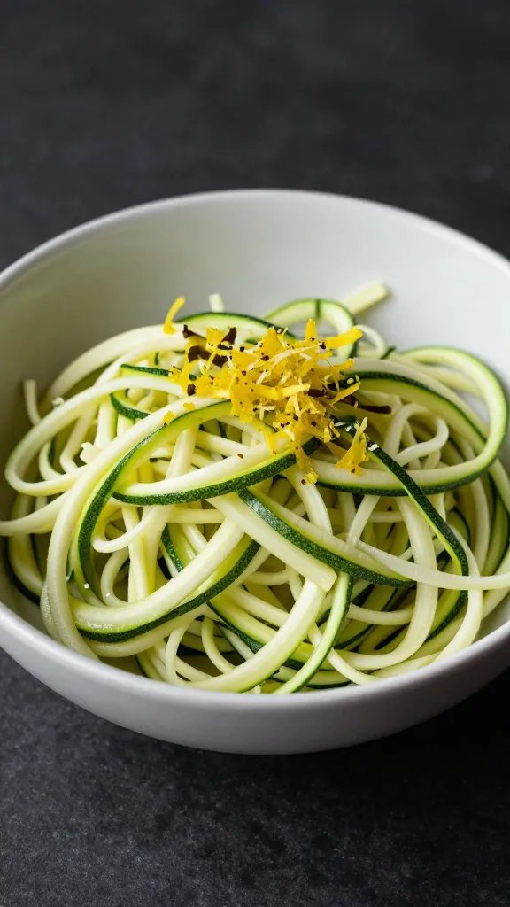 single bowl of zucchini noodles with lemon zest