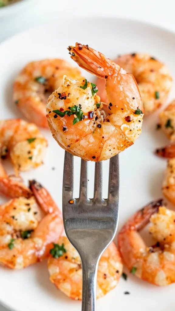 seared shrimp on fork with parsley and chili flakes