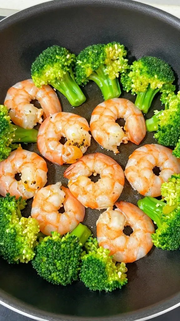 closeup skillet of garlic butter shrimp and broccoli