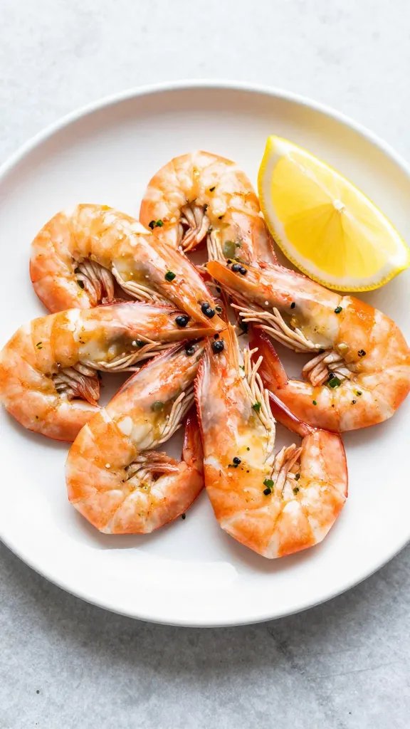 single plate keto garlic butter shrimp with lemon wedge