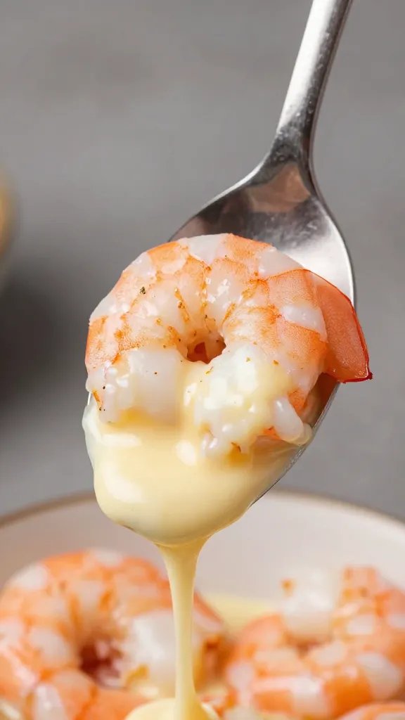 spoonful of silky garlic butter sauce over shrimp