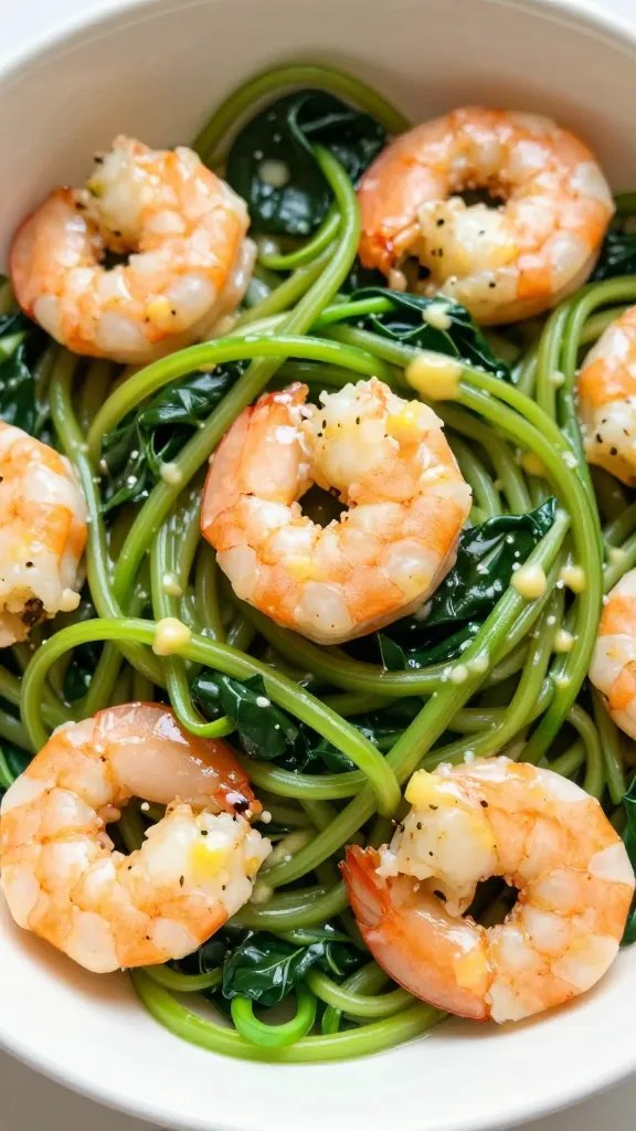 closeup bowl of keto shrimp and spinach zoodles, lemon-butter glaze