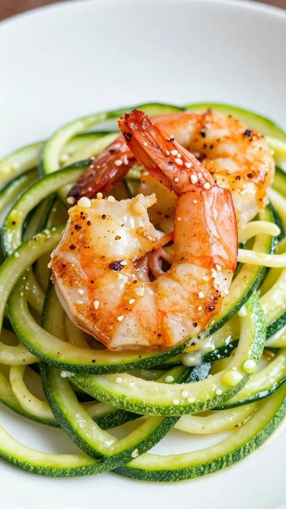 single seared shrimp on zucchini zoodles, garlic butter sheen