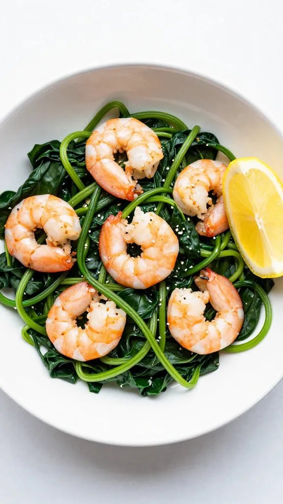 overhead white bowl of spinach zoodle shrimp, lemon wedge garnish