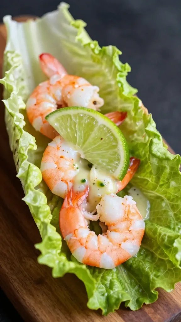 closeup keto shrimp lettuce wrap with zesty lime dressing